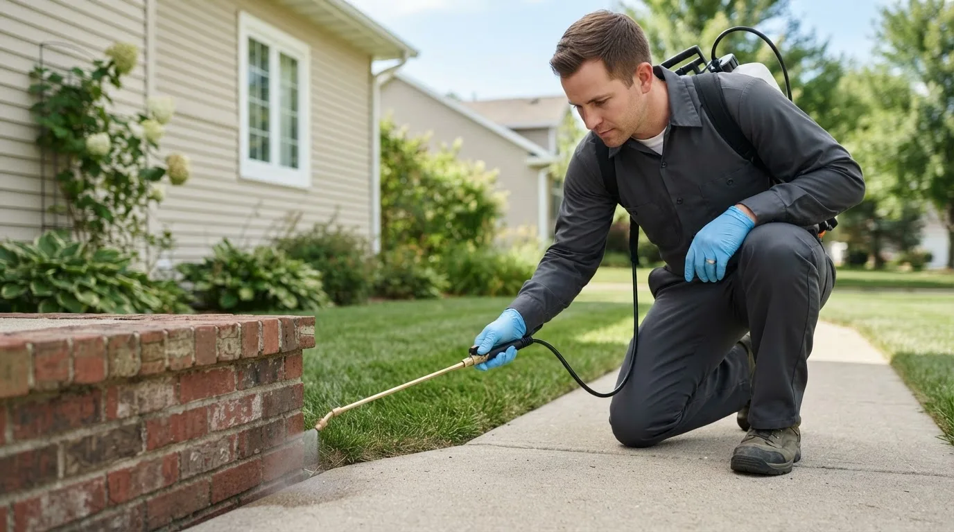 Pest control technician treating a home near Mcfaddin, TX