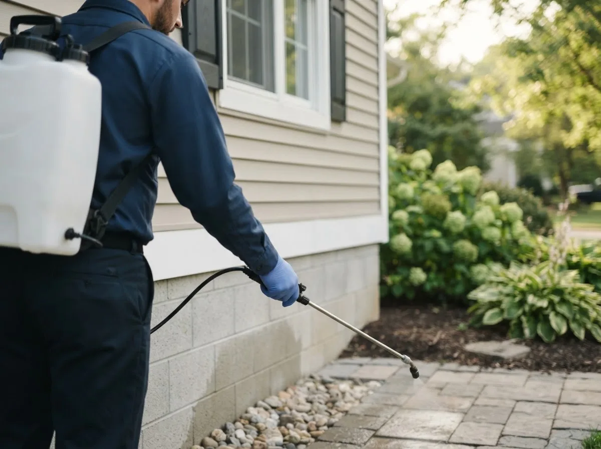Pest control technician inspecting a home in Mcfaddin, TX